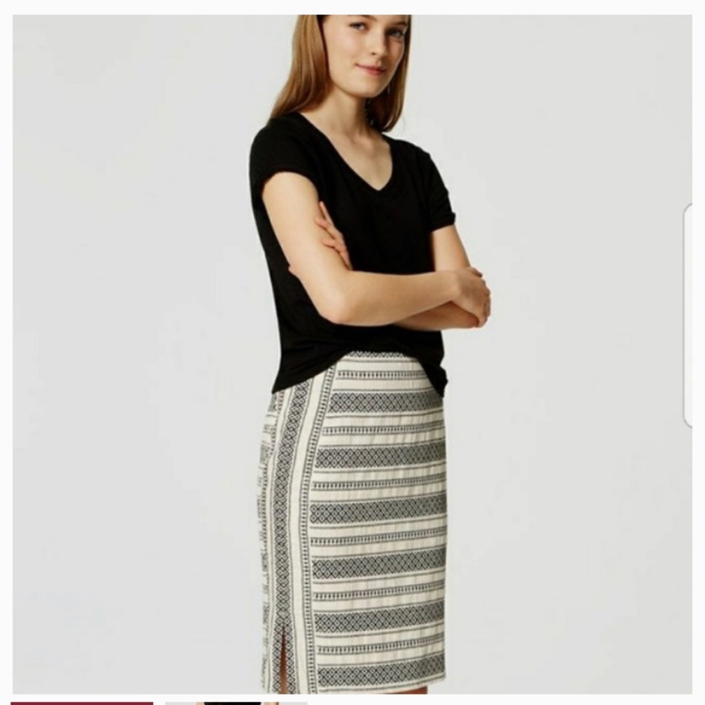 LOFT Embroidered Pencil Skirt New Black White Mosaic Tribal - Picture 3 of 4